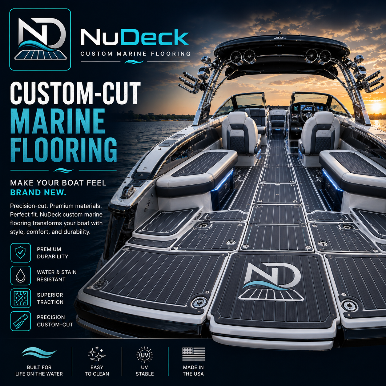 NuDeck custom-cut marine flooring on a boat deck at sunset
