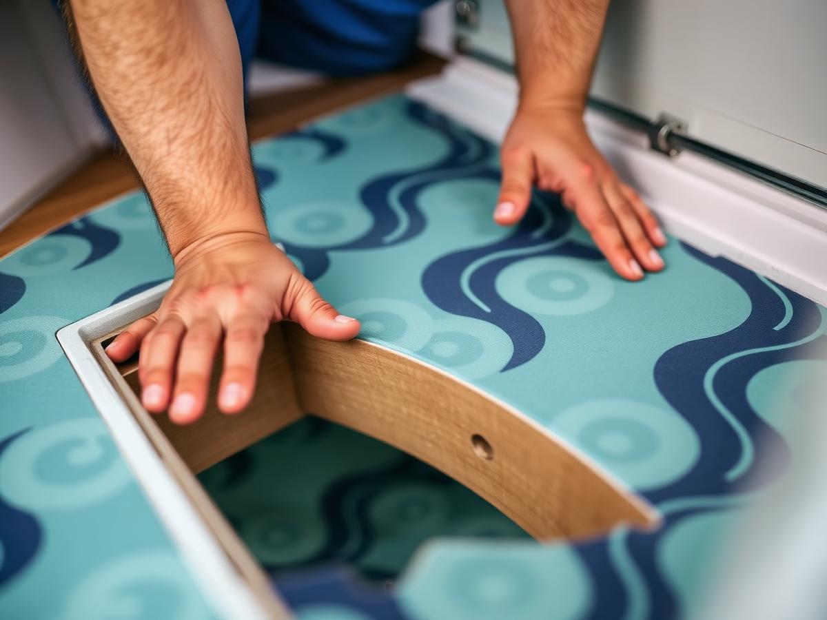 Installer fitting CNC-cut foam flooring around a boat hatch