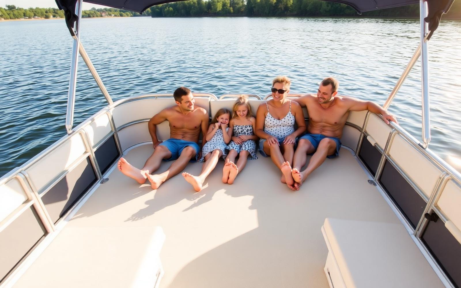 Family relaxing on a pontoon deck with new NuDeck flooring
